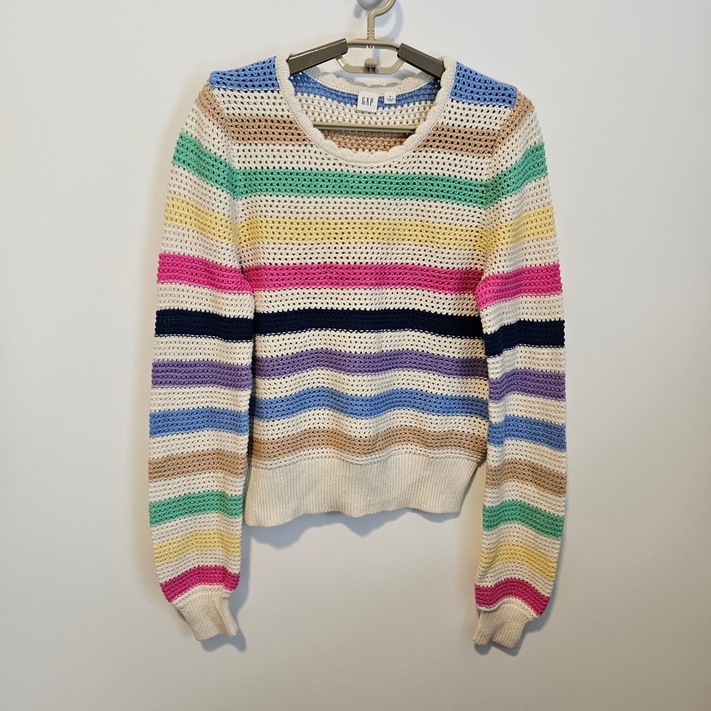Gap Rainbow Striped Sweater Small Crochet Open Weave Colorful Pullover Crewneck